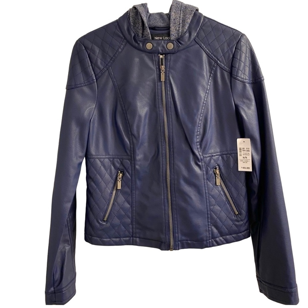 Royal Blue Hooded Vegan Leather Jacket New Look- Size Medium